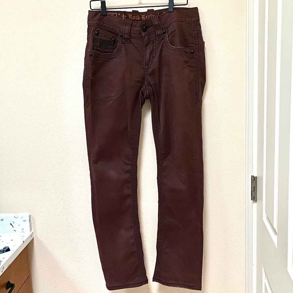 Rock Revival Distressed Dark Red/ Burgundy Denim Jeans, Men's Size 29/30